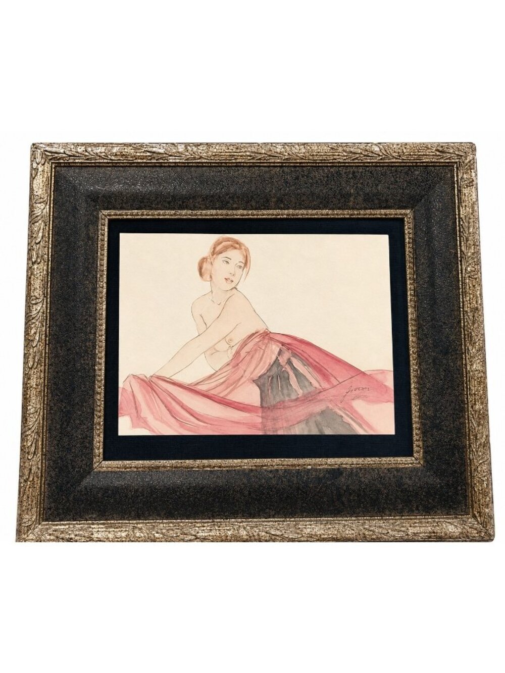 Framed Jia Lu Preparatory  Sketch Innocence Chinese Woman Pink Chiffon Scarf